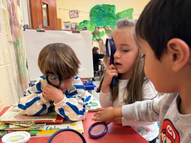 using magnifying glasses Young children playing with colorful foam animal figures at St. John's Nursery School.